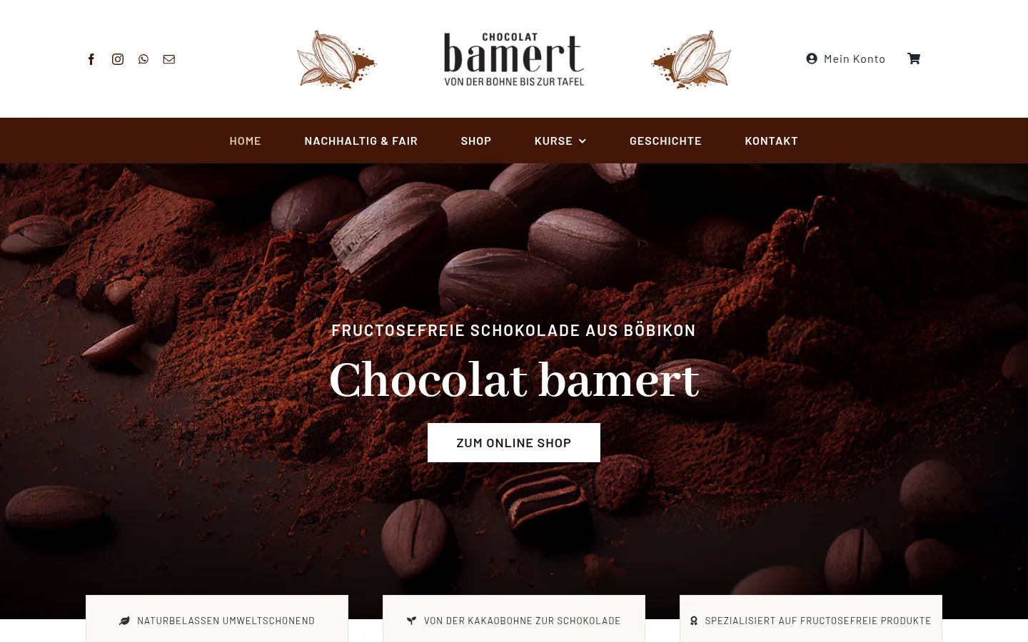 Chocolat Bamert website: home page with cocoa beans and a link to the online shop